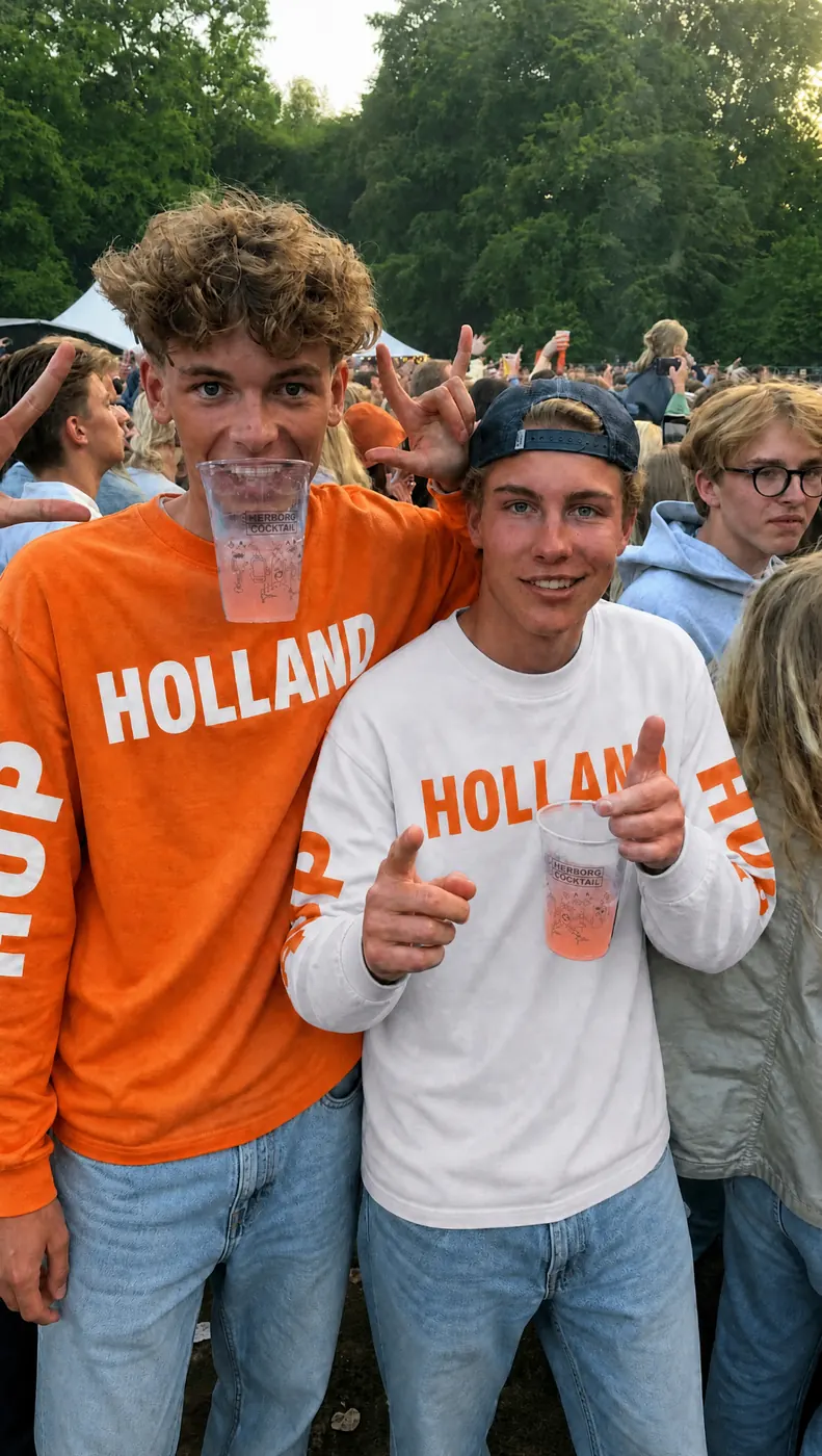 Festival sfeerbeeld in de WK 2026 lookbook met casual oranje matchday vibes.