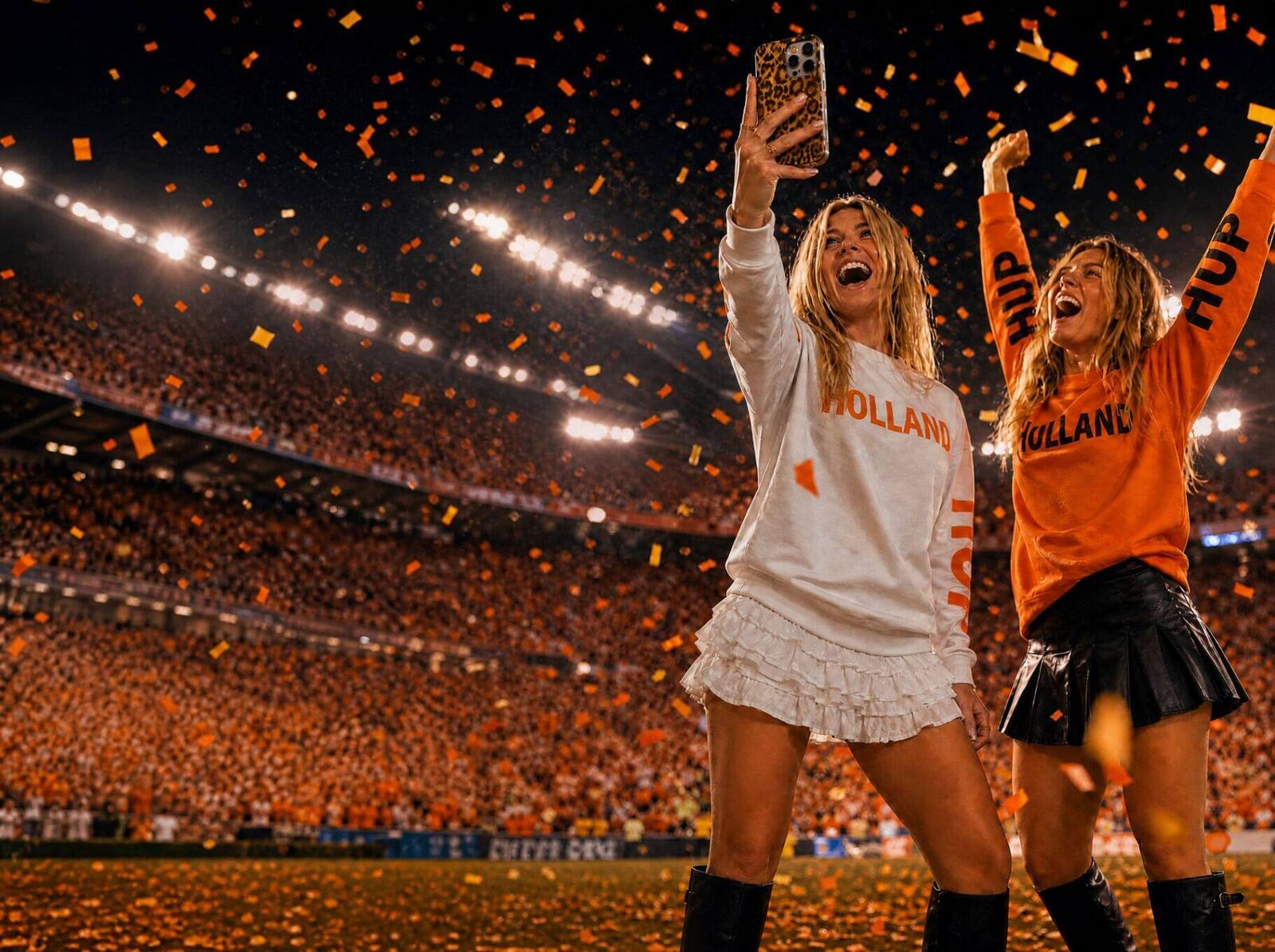 Koningsdag sfeer — vrienden in oranje outfits op een Amsterdamse gracht