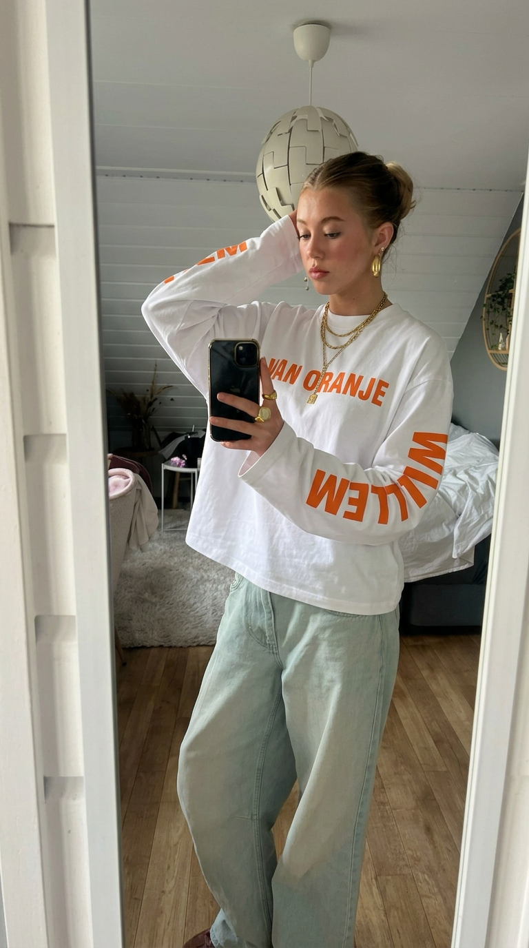 Witte longsleeve 'Willem van Oranje' gestyled met mintgroene jeans en gouden ketting — Koningsdag outfit inspiratie